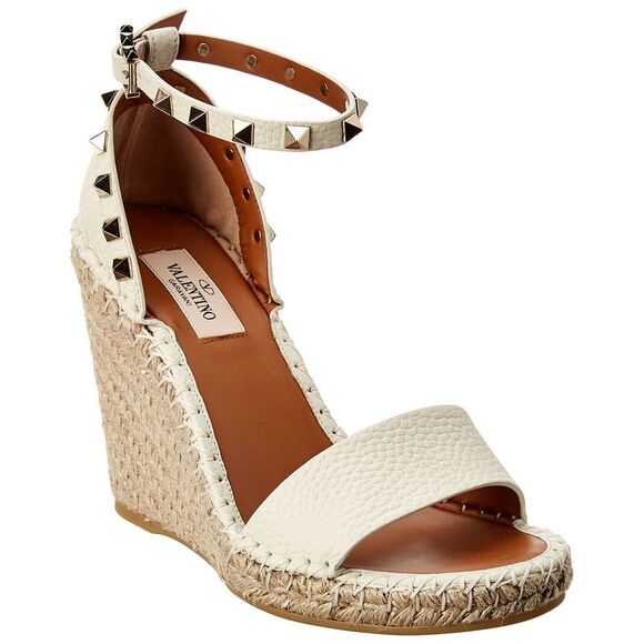 Valentino Shoes - Valentino Rockstud 95 Grainy Leather Wedge Sandal, White